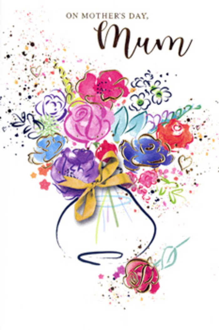 Illustrated Mother's Day card featuring a whimsical, watercolour bouquet that seems to blossom directly from the page, much like a fresh arrangement being finished in a Canning Town studio. Central blooms in bold cerise, hot pink, and rich magenta are created with sweeping, confident brushstrokes, their petals loosely defined and deepened by shades of indigo, midnight blue, and dusky purple. Between these stronger colours, softer notes of lavender, pale blue, and warm apricot weave through the design, adding lightness and suggesting the gentle variety often chosen for family celebrations. Fine lines and tiny flecks of metallic gold outline and highlight certain petals and leaves, introducing a subtle sparkle that echoes the sheen of ribbon and wrap on bouquets heading out to homes near Keir Hardie Recreation Ground. The bouquet rises from a small, simply painted vase, its rounded body formed by translucent layers of cool colour, then adorned with an elegant golden bow that conjures the sensation of carefully tying the final knot before a delivery. Around the arrangement, scattered dots, heart motifs, and fluid splashes of pigment float against a pure white background, creating a sense of movement, joy, and affectionate playfulness-like children helping choose flowers for their mum. The whole composition feels balanced yet free-spirited, capturing the way love within a family can be both steady and exuberant. In this card, the painted bouquet becomes more than decorative; it offers a lasting expression of gratitude, warmth, and connection that mirrors the thought behind every Mother's Day gift sent across Canning Town.